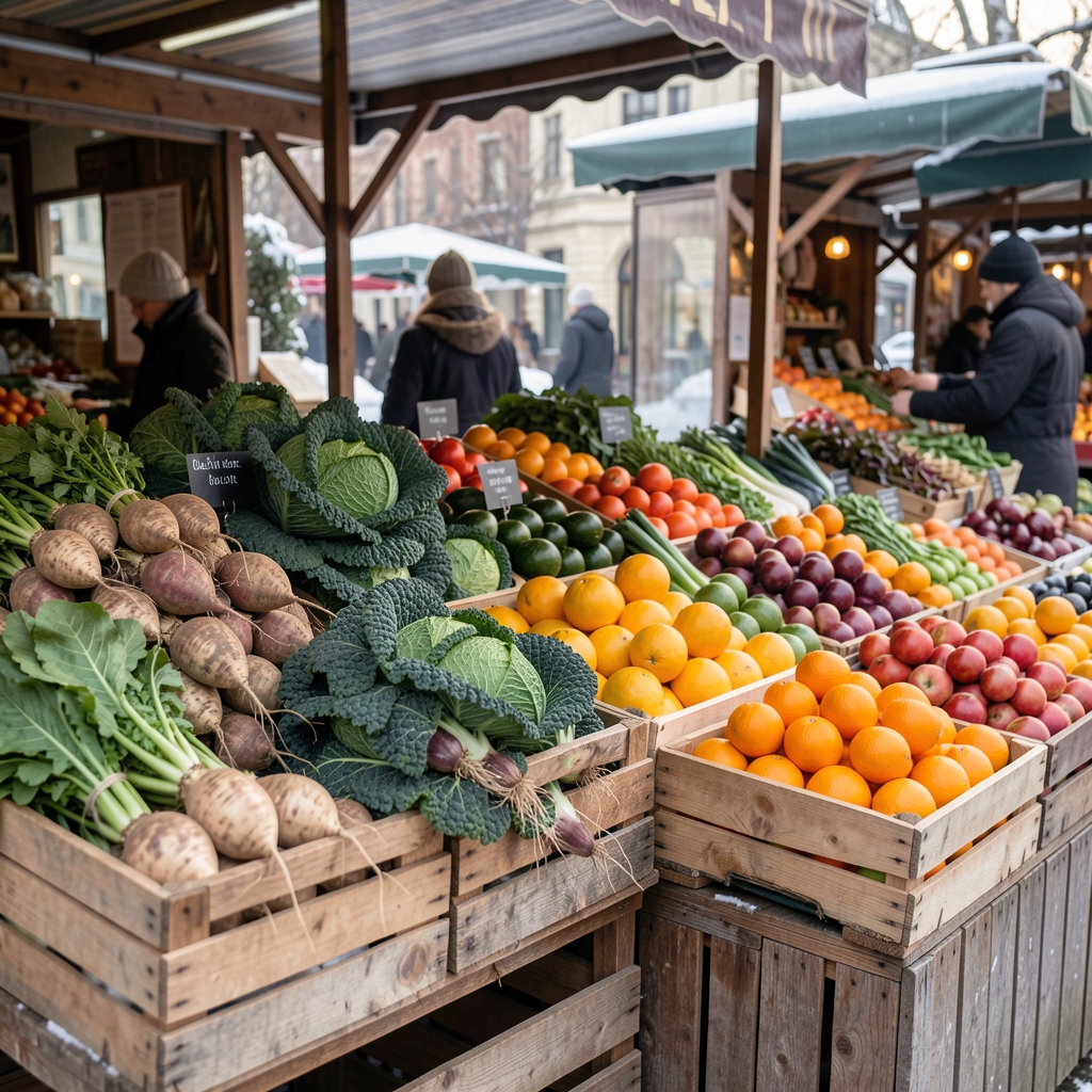 Vibrant winter vegetable market stall with root vegetables, kale, and seasonal citrus fruits displayed in wooden crates under soft winter daylight